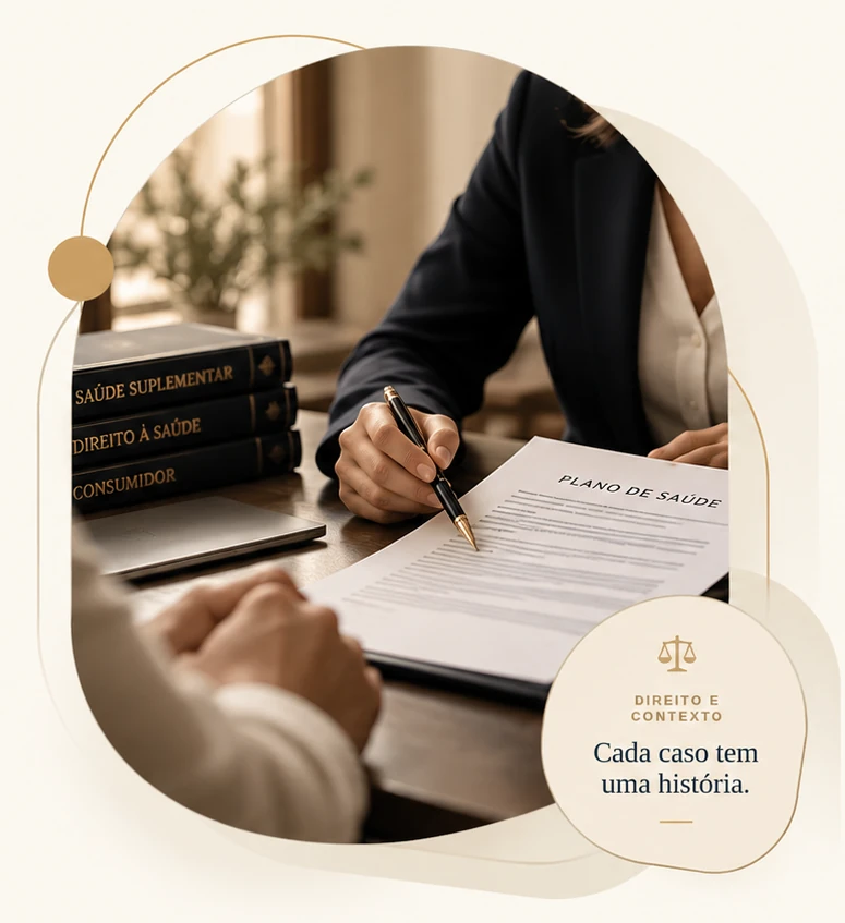 Representação conceitual de uma análise jurídica de contrato de plano de saúde, com anotações e livros de Direito